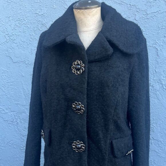 JOUJOU Black Wool Blend y2k Coat Pockets Size M Large collar jacket Jackie O - Picture 10 of 14